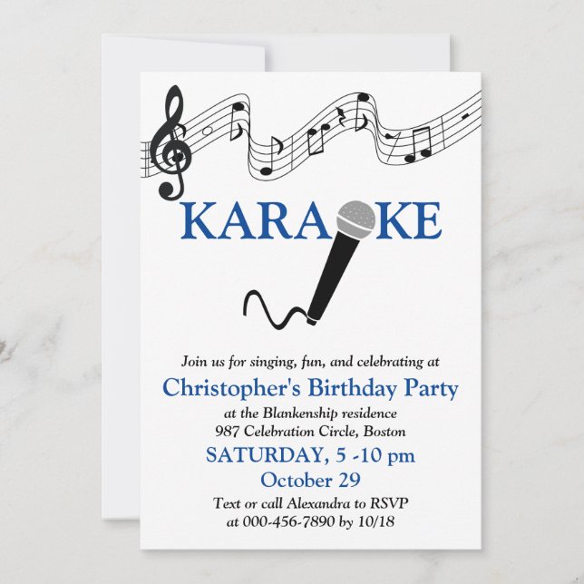 Karaoke Party Musical Scale Microphone Blue Invitation (Front)