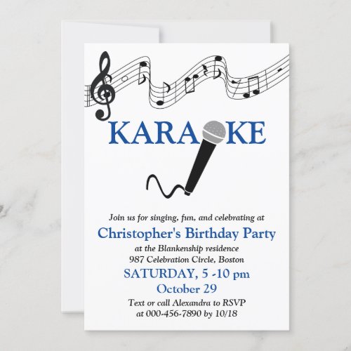 Karaoke Party Musical Scale Microphone Blue Invitation