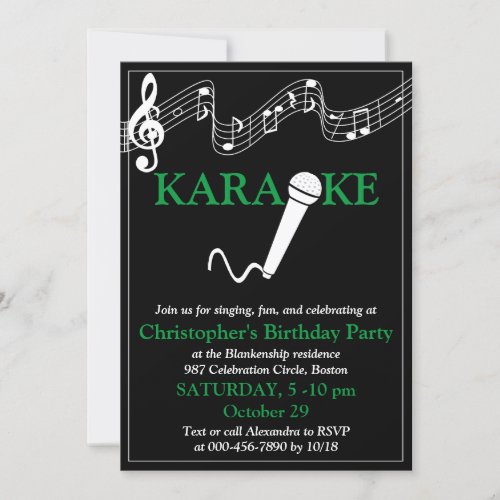 Karaoke Party Musical Scale Microphone Green Invitation