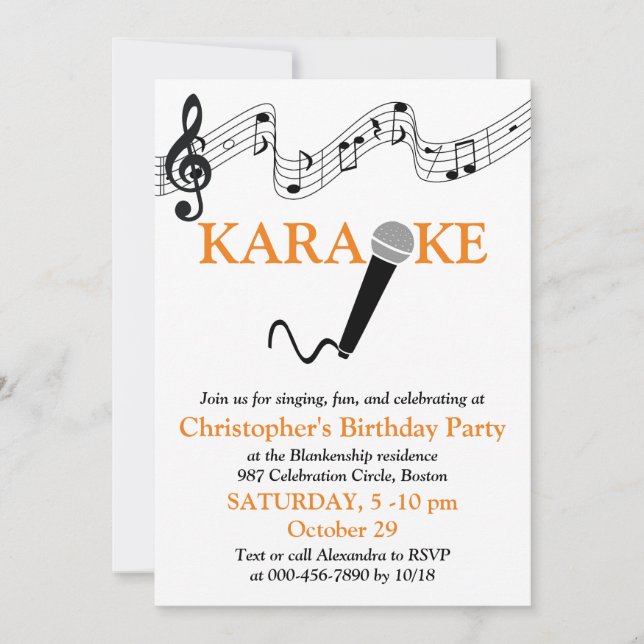 Karaoke Party Musical Scale Microphone Orange Invitation (Front)