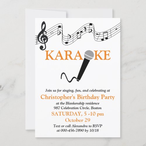 Karaoke Party Musical Scale Microphone Orange Invitation