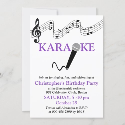 Karaoke Party Musical Scale Microphone Purple Invitation