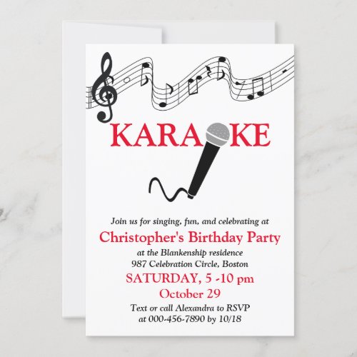 Karaoke Party Musical Scale Microphone Red Invitation