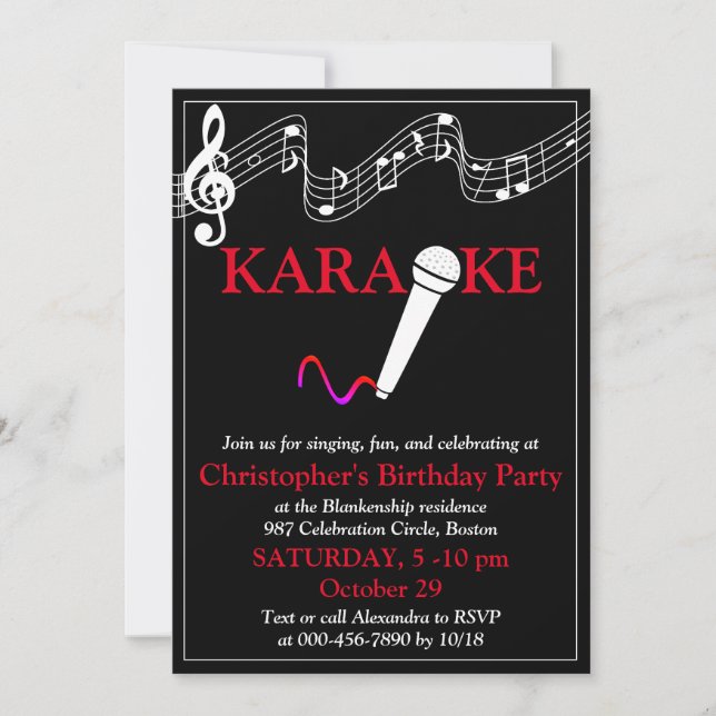 Karaoke Party Musical Scale Microphone Red White Invitation (Front)