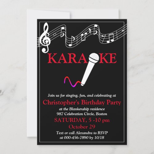Karaoke Party Musical Scale Microphone Red White Invitation