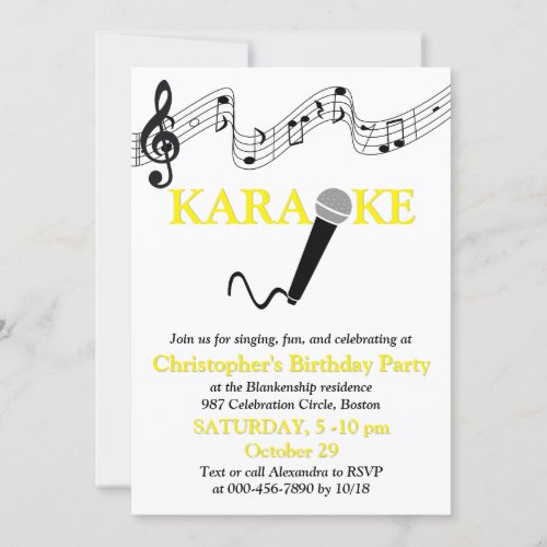 Karaoke Party Musical Scale Microphone Yellow Invitation