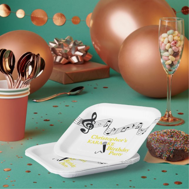 Karaoke Party Musical Scale Microphone Yellow Paper Plates (Multi)