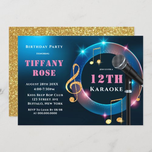 Karaoke Pink and Gold 12th Birthday Party Invites