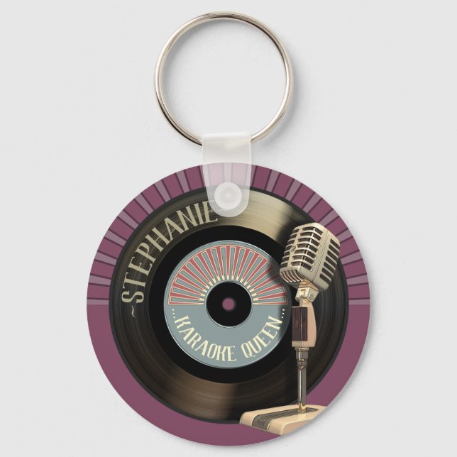 Karaoke Queen Funny Retro Record Keychain (Front)