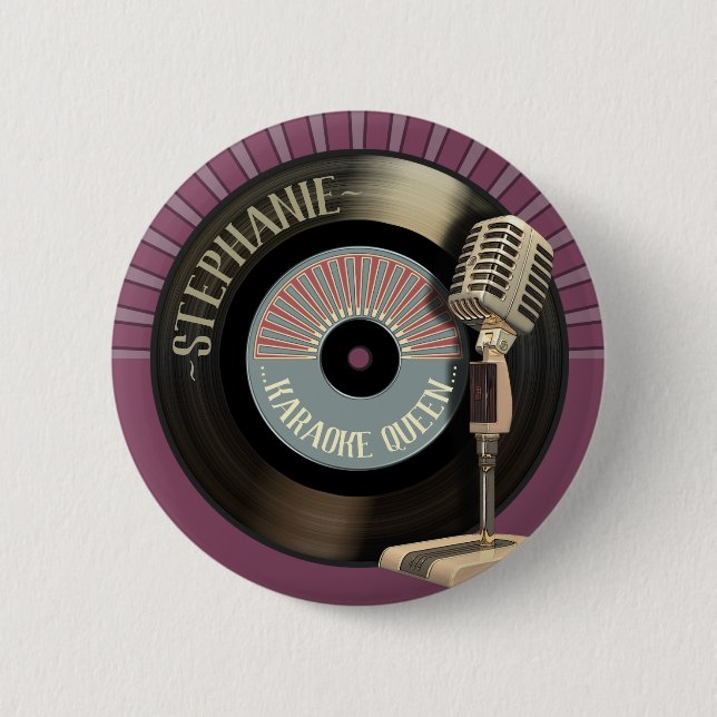 Karaoke Queen Retro Mic And Record Pinback Button (Front)