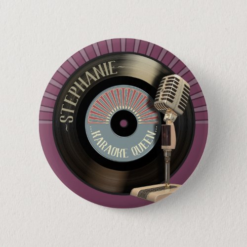 Karaoke Queen Retro Mic And Record Pinback Button