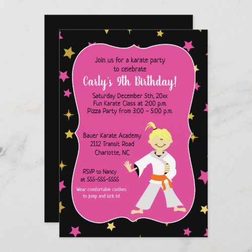 Karate Birthday Invitations Orange Belt Girl