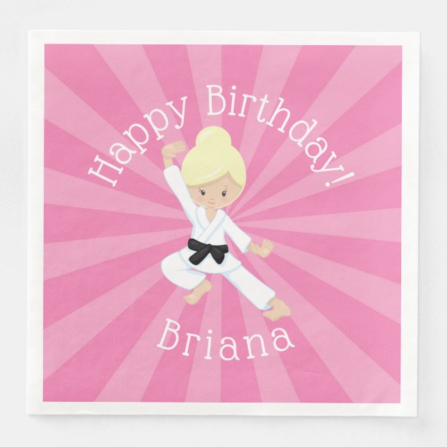Karate Birthday Party Blonde Hair Girl Pink Paper Dinner Napkins (Front)