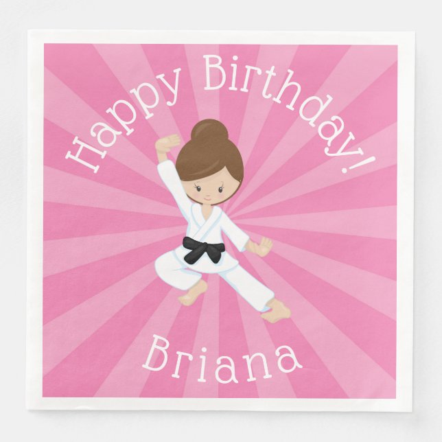 Karate Birthday Party Girl Pink Paper Dinner Napkins (Front)