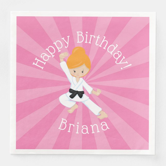Karate Birthday Party Red Hair Girl Pink Paper Dinner Napkins (Front)