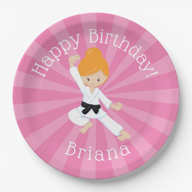 Karate Birthday Party Red Hair Girl Pink Paper Plates (Front)