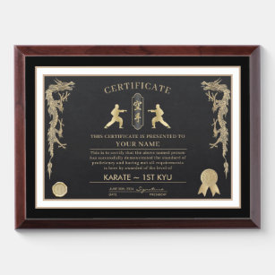 Karate Black Belt Certificate Award Plaque