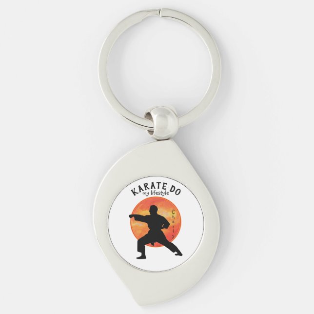 Karate Black Silhouette Rising Sun Martial Arts  Keychain (Front)