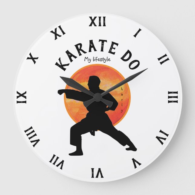 Karate Black Silhouette & Rising Sun Martial Arts Large Clock (Front)