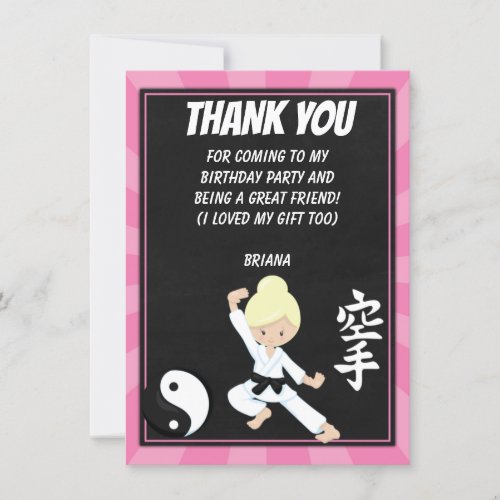Karate Blonde Hair Girl Party Thank You Card 