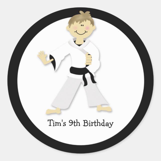 KARATE BOY Blackbelt Birthday Party Favor Sticker (Front)