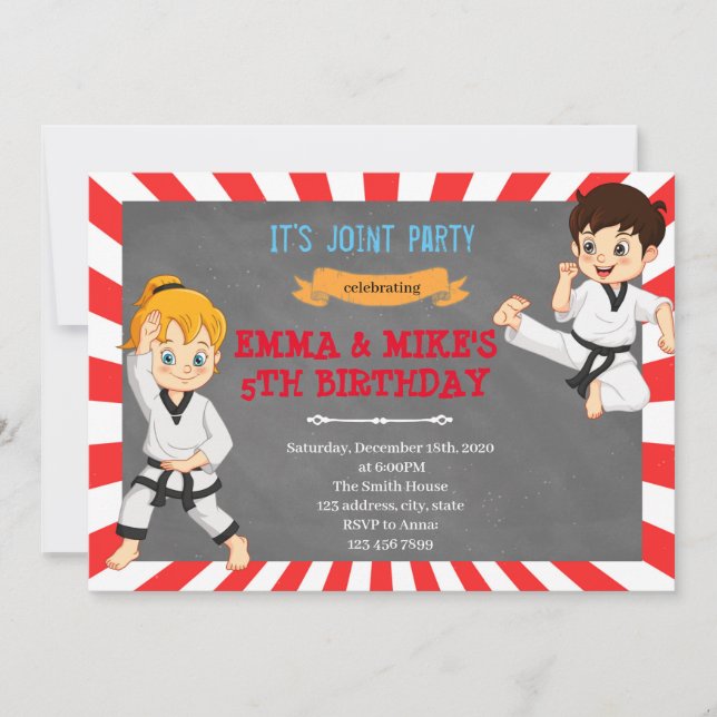 Karate boy girl joint party invitation (Front)