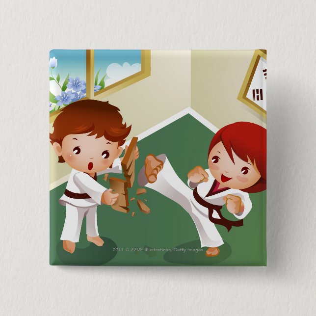 Karate boy holding wood with another breaking it button (Front)