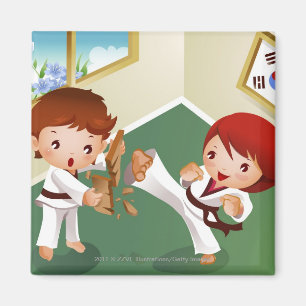 Karate boy holding wood with another breaking it magnet