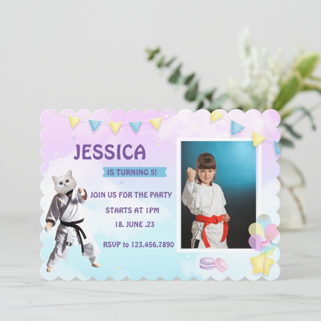 Karate Cat Birthday Party Girl Party Taekwondo Note Card (Standing Front)