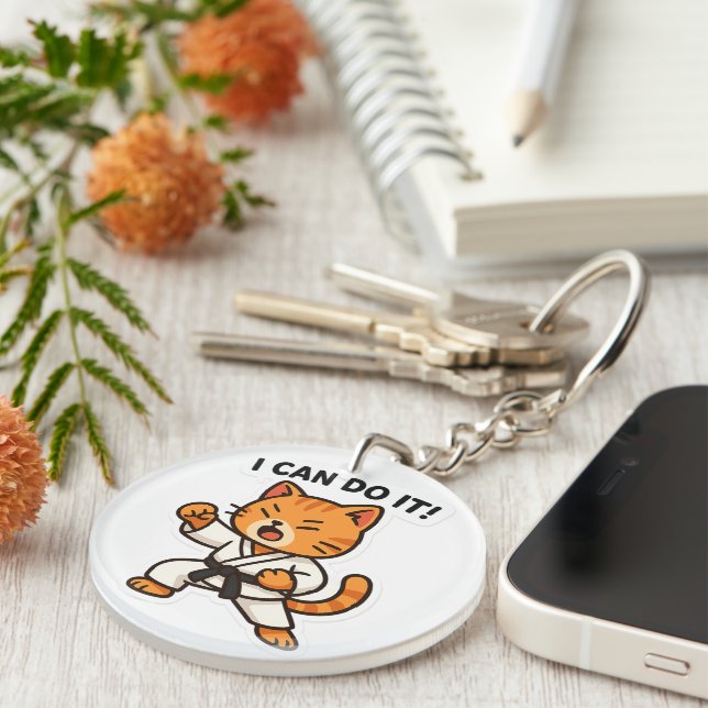 Karate Cat Sticker Keychain (Front Right)