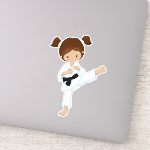 Karate Girl Cute Girl Brown Hair Black Belt Sticker