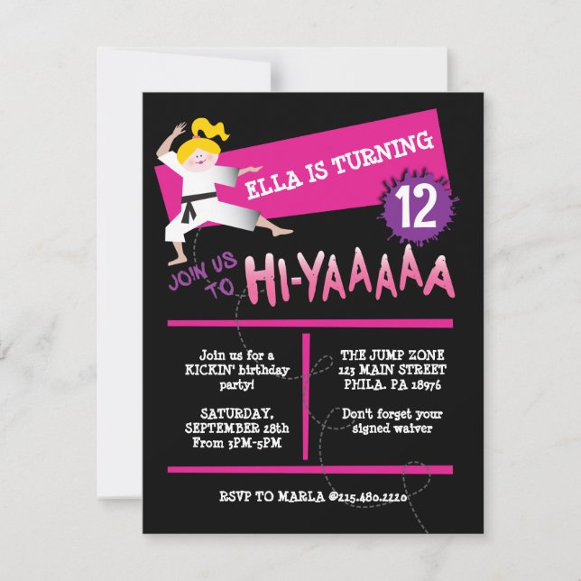 Karate Girl Kick Pink Birthday Party Invitation (Front)