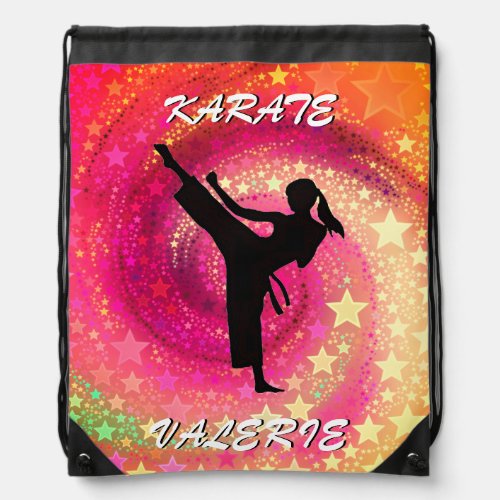 Karate Girl Kick Stars and Swirls Retro Drawstring Bag