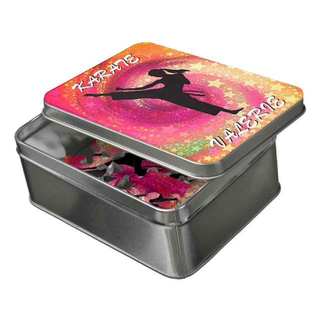 Karate Girl Kick Stars and Swirls Retro Jigsaw Puzzle (Lid Open)