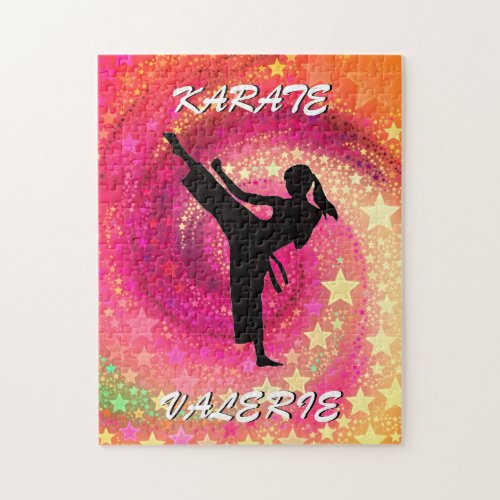 Karate Girl Kick Stars and Swirls Retro Jigsaw Puzzle