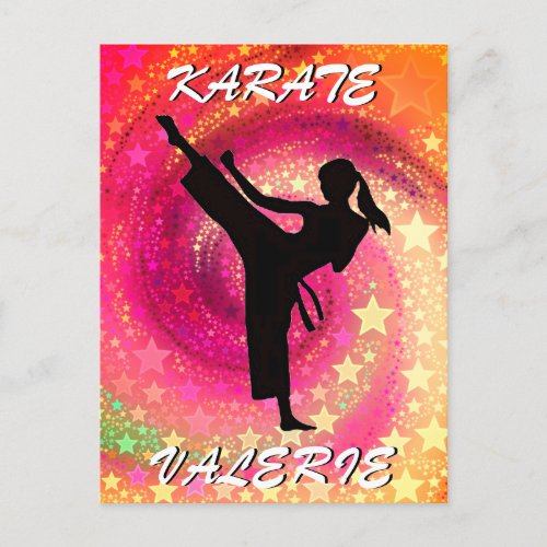 Karate Girl Kick Stars and Swirls Retro Postcard