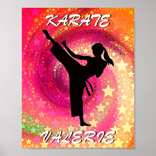 Karate Girl Kick Stars and Swirls Retro Poster