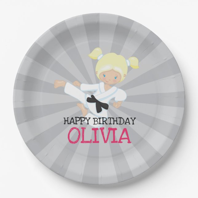 Karate Girl Pink Martial Arts Birthday Paper Plates (Front)