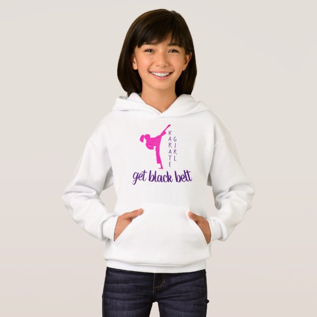 Karate Girl Pink Purple Black Belt Modern Trendy Hoodie (Front Full)