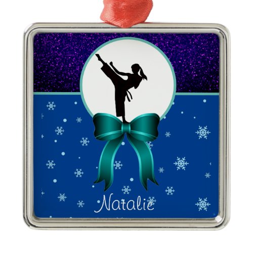 Karate Girls Glitter and Bow Snowflake   Metal Ornament