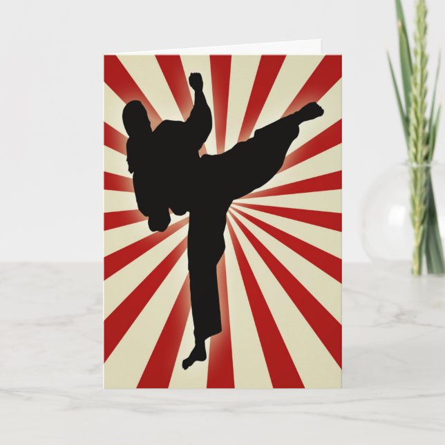 Karate Kick in Front of Sunburst Birthday Card (Front)
