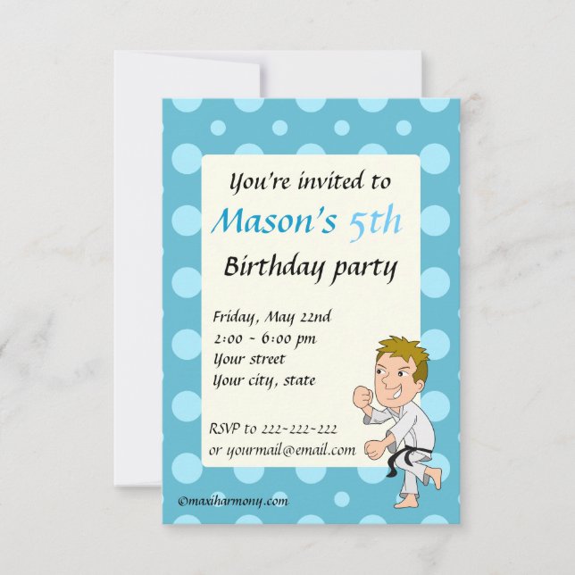 Karate kid cartoon birthday print invitations (Front)