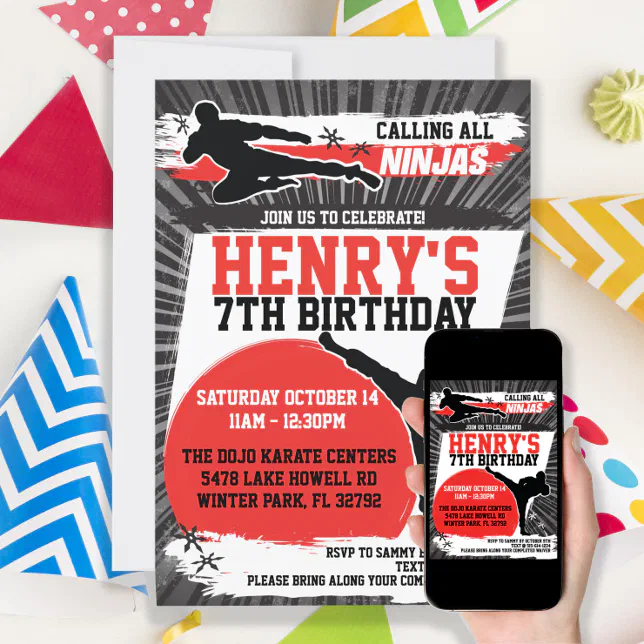 Karate Kid Ninja Martial Arts Birthday Party Invitation 