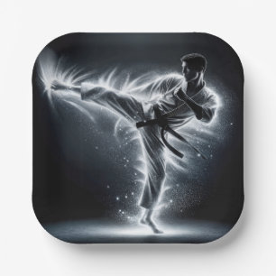 Karate Man With Neon Energy Light Trails Paper Plates