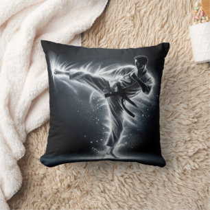 Karate Man With Neon Energy Light Trails Throw Pillow