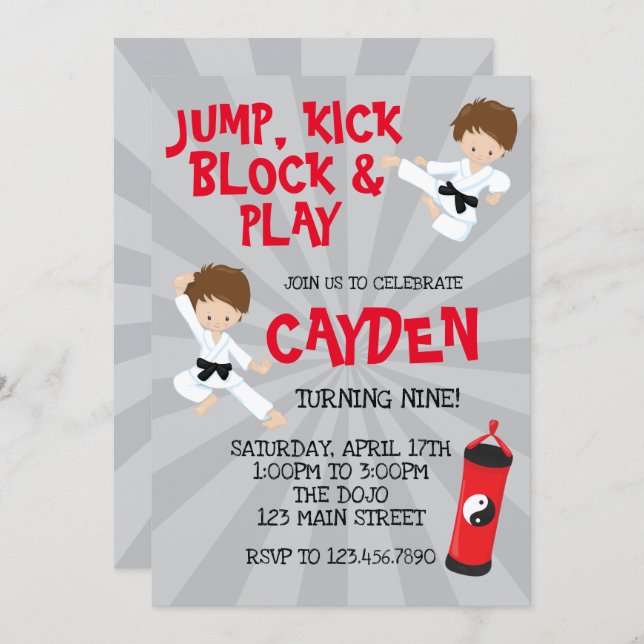 Karate Martial Arts Red and Black Birthday Invitation (Front/Back)