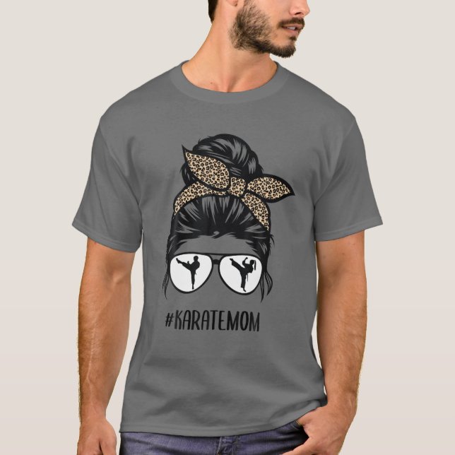 Karate Mom Leopard Messy Bun Hair Glasses T-Shirt (Front)