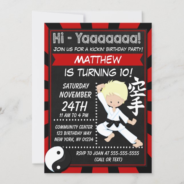 Karate Party Blond Hair Boy Kids Birthday Party Invitation (Front)