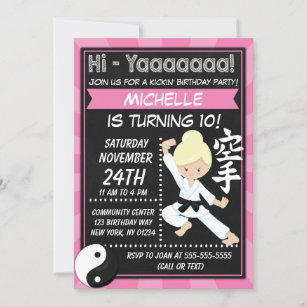 Karate Party Blond Hair Girl Kids Birthday Party Invitation