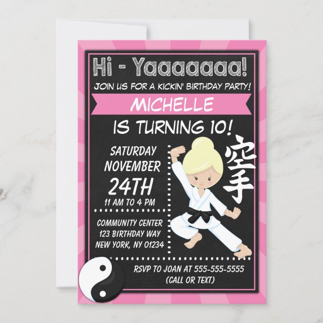 Karate Party Blond Hair Girl Kids Birthday Party Invitation (Front)
